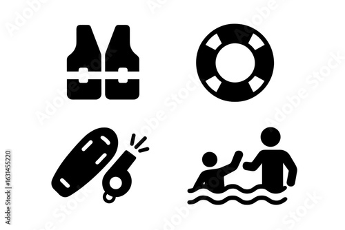 Water safety and rescue icon set – solid silhouette life jacket, lifebuoy ring, rescue buoy whistle, drowning victim aid pictograms, aquatic emergency equipment symbols, black vector illustration
