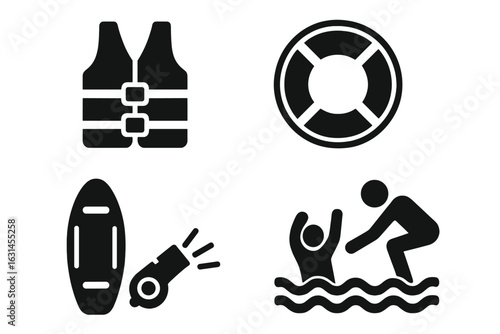 Solid water safety icon collection with life jacket, lifebuoy ring, rescue board, emergency whistle, lifeguard saving drowning swimmer, beach pool aquatic rescue equipment vector set illustration