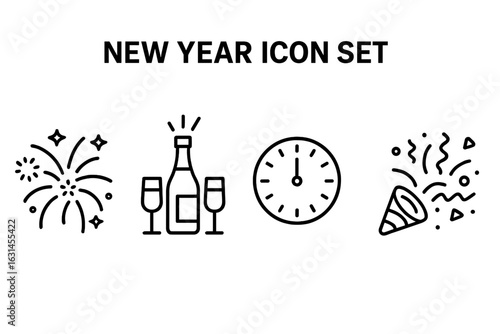Festive New Year celebration icons set with fireworks burst, champagne bottle and flutes, midnight countdown clock, party popper confetti line art, black outline isolated on transparent background
