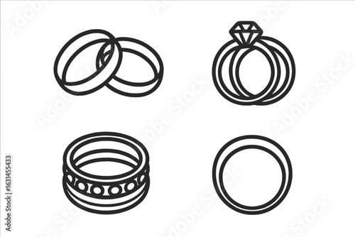 Vector wedding ring icon set—thin line style engagement ring with diamond, intertwined gold bands, stackable eternity anniversary band, minimalist plain band, isolated black outline illustrations
