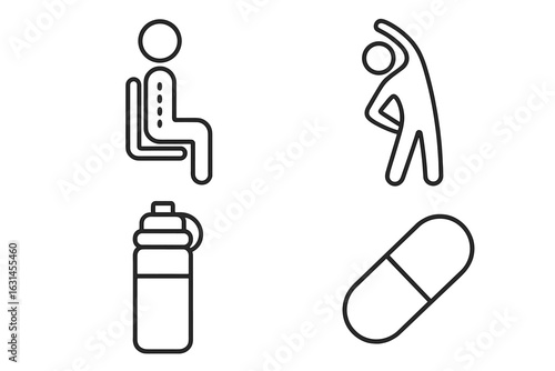 Ergonomic wellness outline icons set – correct sitting posture, standing side stretch exercise, reusable hydration water bottle, dietary supplement capsule – minimalist black line vector illustration
