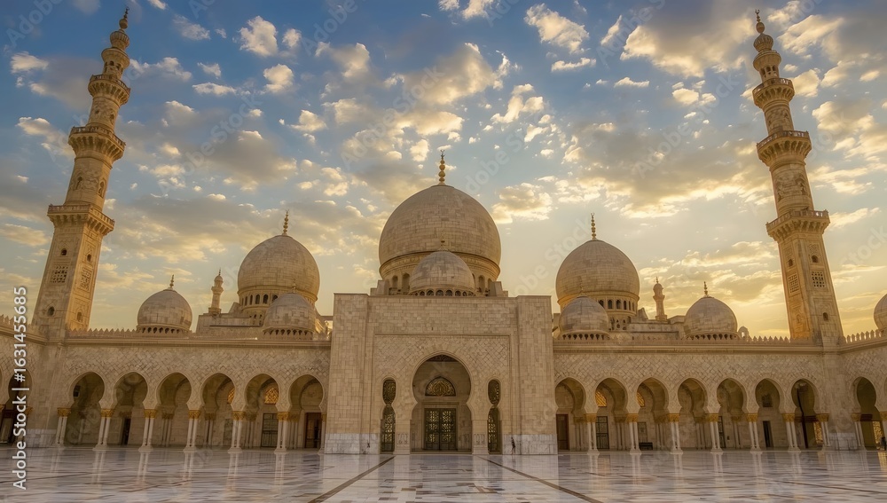 Fototapeta premium Islamic mosque with domes at sunset