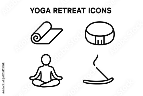 Yoga retreat outline icons set—rolled exercise mat, round meditation cushion, seated lotus pose silhouette, burning incense stick on holder—minimalist black line wellness symbols vector illustration