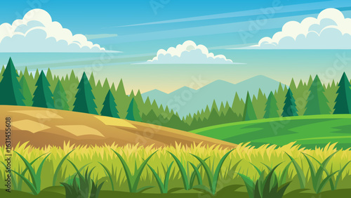 Vector art of expansive countryside view with rolling green hills, cultivated fields, and a dense forest stretching towards distant mountains under a blue sky