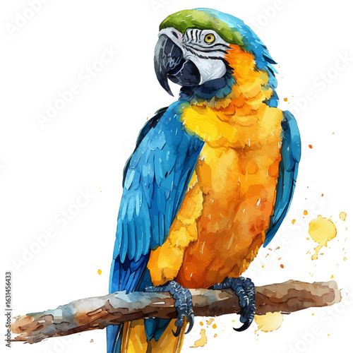 Blue-and-yellow Macaw, watercolor painting vector, isolated on a white background.