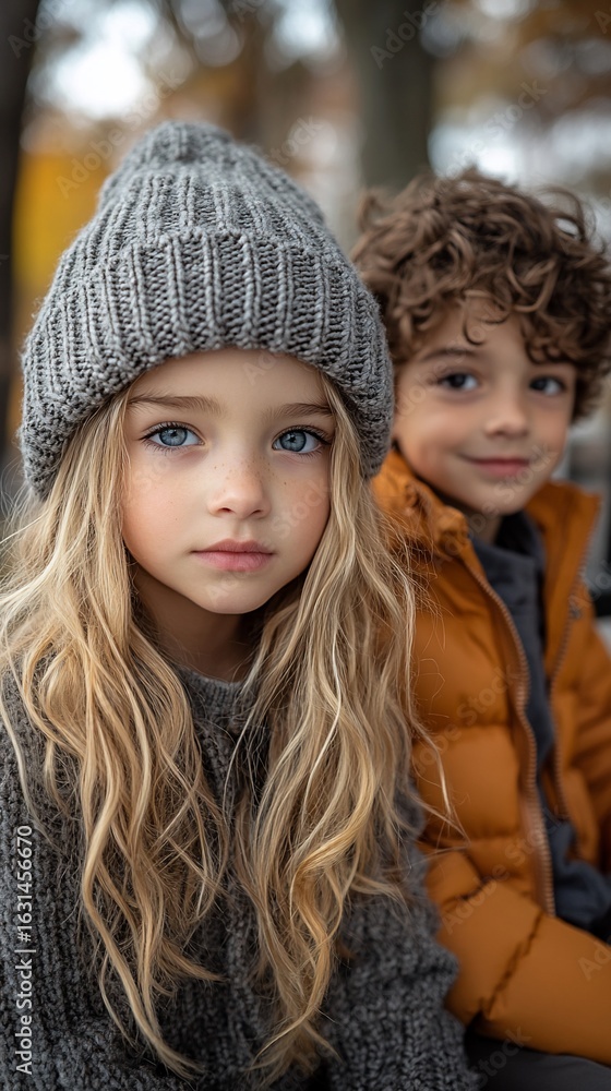 Obraz premium Portrait of two children, a girl with long blonde hair wearing a grey beanie and a boy with curly brown hair wearing an orange jacket, sitting outdoors in an autumnal setting