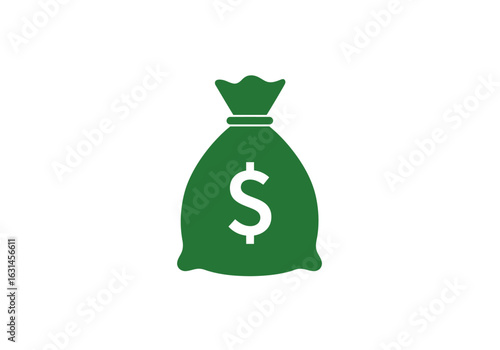 Green minimalist money bag, flat vector silhouette, wealth and investment symbol,  Illustrator vector.