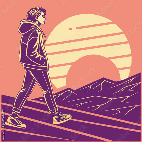 Solitary Stroll: A figure embarks on a reflective solo trek across an arid landscape, their silhouette set against a radiant sunrise.