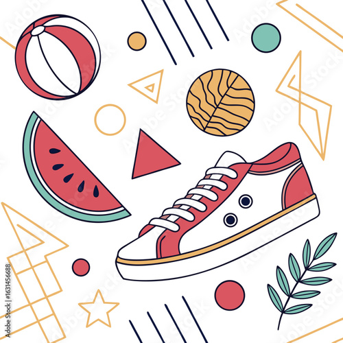 Summer Vibes Seamless Pattern: A vibrant and playful seamless pattern featuring a beach ball, watermelon slice, sneakers and abstract geometric elements, evoking the carefree spirit of summer.