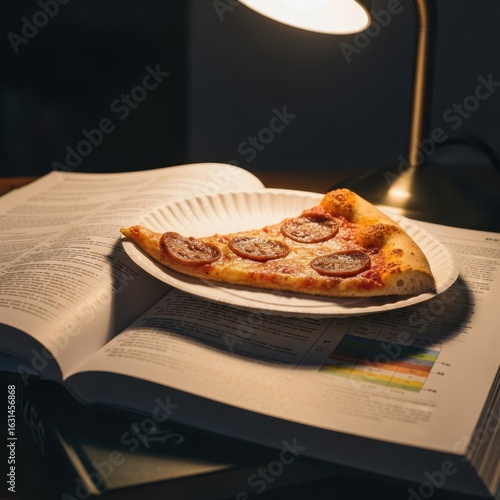 Pepperoni pizza slice on books under desk lamp