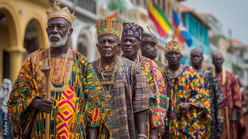 Fototapeta premium Fetu Afahye festival Ghana, traditional chiefs in colorful kente robes parading through Cape Coast