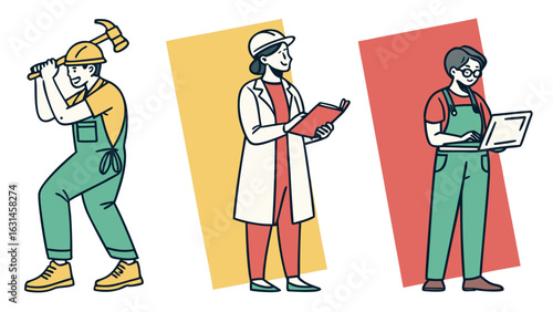 Diverse Professions: Construction Worker, Doctor, and Technician - Vector Illustration