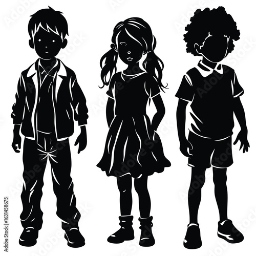 Silhouetted children standing together: a boy, a girl with pigtails, and another boy.