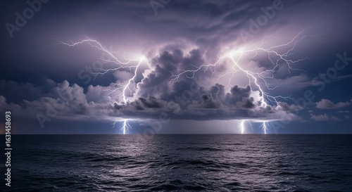 Intense lightning storm illuminates dark, ominous clouds over a vast, rippling ocean