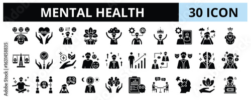 30 Mental Health Glyph Icons Vector - Mental health, Therapy, Psychology, Awareness, Depression, Emotion, Stress Management