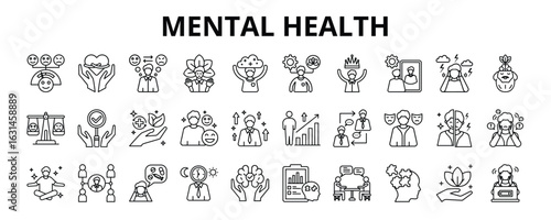 30 Mental Health Line Icons Vector - Mental health, Therapy, Psychology, Awareness, Depression, Emotion, Stress Management