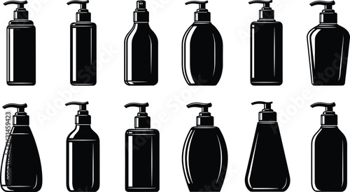 Pump bottle vector set, black and white icons, liquid dispenser shapes, cosmetic packaging design, soap container illustration, hygiene concept