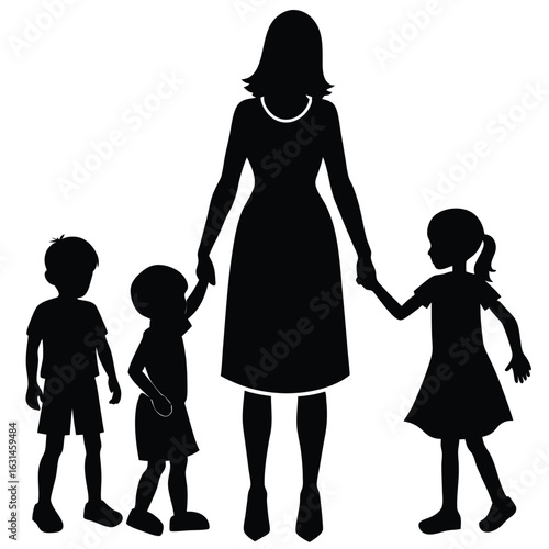 Silhouette illustration of a mother holding hands with three young children, two boys and one girl, depicting family unity and care.