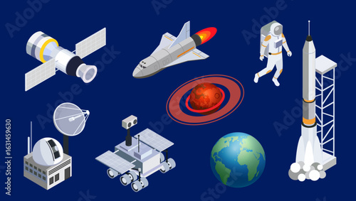 spaceship isometric space shuttle cosmic rocket orbital satellite mars rover planets space station isometric illustration spaceship spacecrafts cosmic technology set