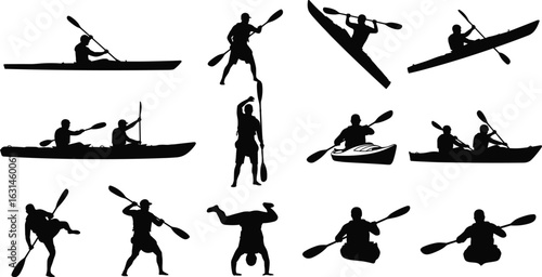 Silhouettes of kayaking and paddle sports, diverse poses, paddle techniques, water activity, outdoor adventure, acrobatic moves, fitness, recreation, motion