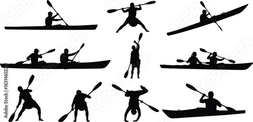 Silhouettes of people kayaking, dynamic paddling poses, water sport activity, outdoor adventure, canoeing motion, kayak teamwork, fitness, recreation