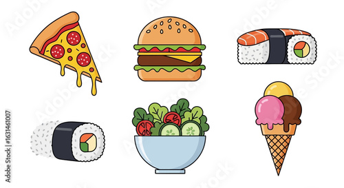 Illustration of various food items including pizza, burger, sushi, salad, and ice cream, arranged in a row.