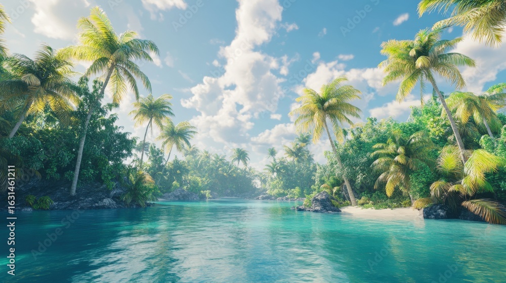 Fototapeta premium Tropical island paradise scene with lush vegetation.
