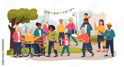 A diverse group of people, including children and seniors, gather and interact in a park setting with trees, benches, and festive decorations.