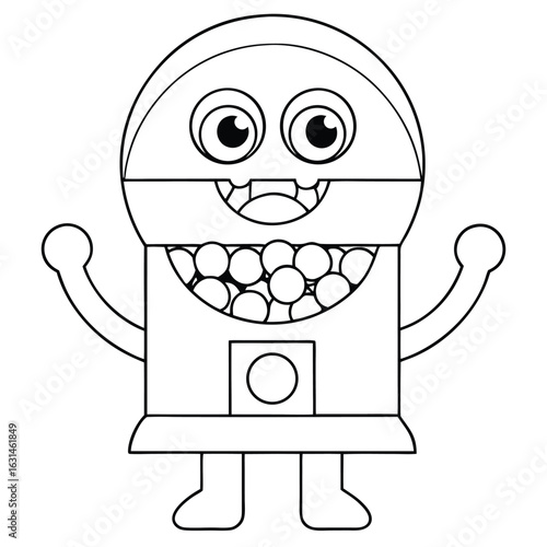Anthropomorphic Cartoon Gumball Machine Character with Open Mouth and Gumballs black and white