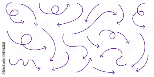 set of black thin line curve arrow. hand drawn direction arrow vector illustration.