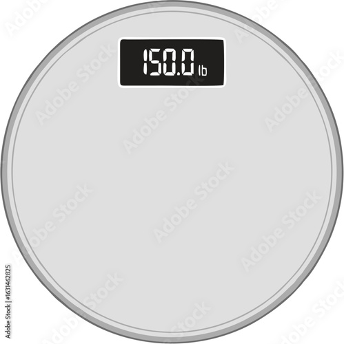 Digital bathroom weight scale showing 150 pounds. Vector illustration of a health and fitness measurement tool.