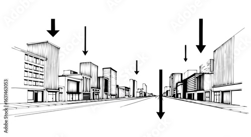 City Street with Arrows: A sketched urban landscape with architectural buildings. Black arrows indicating direction appear on the drawing.