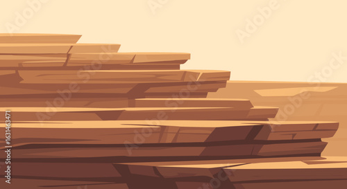 A stylized illustration depicting layered rock formations and cliffs in a warm, arid desert landscape.