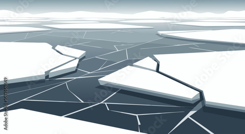 Expansive view of a frozen sea with large broken ice floes floating on dark water under a pale sky.