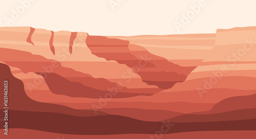 Stylized illustration of a vast desert canyon with layered red and orange rock formations under a pale sky.