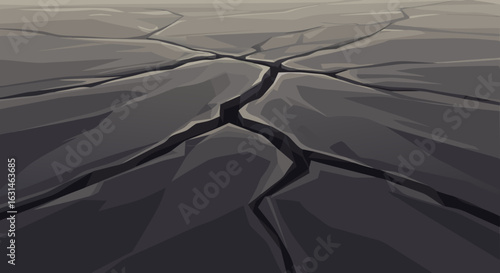 A stylized illustration of a dark, cracked ground surface extending into the hazy distance, depicting arid conditions.
