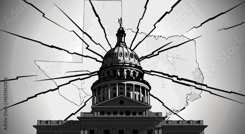 Grayscale depiction of the Texas State Capitol building with radiating lines extending over the state map, symbolizing political stress and division.
