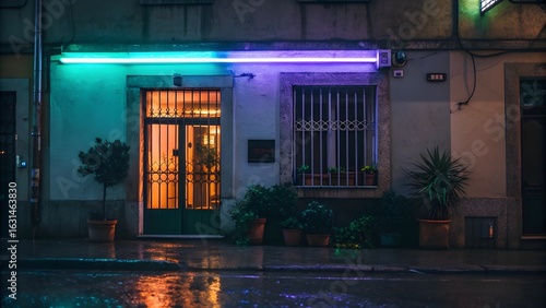 Facade of a building with neon lights and plants on a rainy night