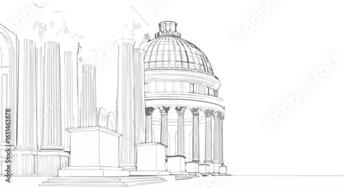 Detailed architectural line drawing of a majestic classical building featuring a grand dome and numerous ornate columns.