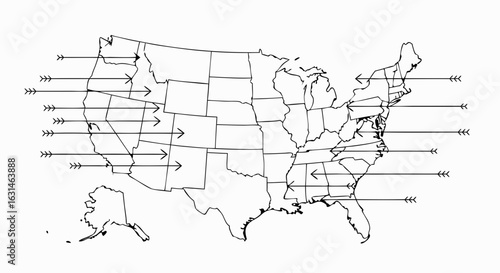 Conceptual black and white outline map of the United States showing arrows and numerical labels indicating regional data or movement.