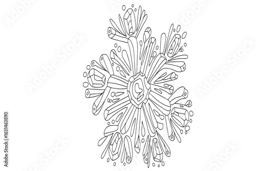 An intricate black and white outline illustration of a complex crystalline snowflake.