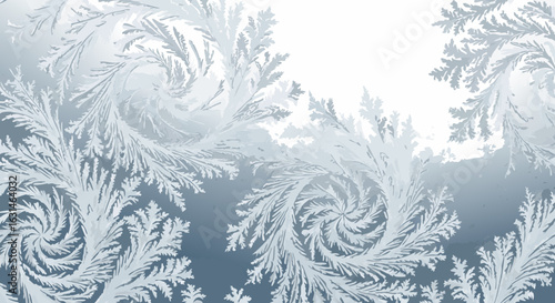 Intricate white frost patterns swirling on a cold surface, resembling delicate natural ice formations.