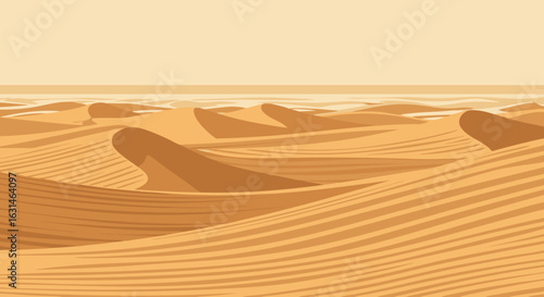 Vast desert landscape featuring numerous undulating sand dunes under a clear, pale sky, emphasizing arid beauty.