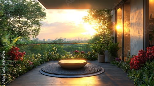 Sunset balcony garden view illustration