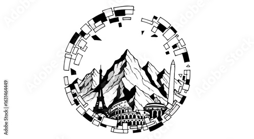 Stylized black and white illustration of famous global landmarks including the Eiffel Tower, Colosseum, and Washington Monument, with mountains, framed in a decorative circle.