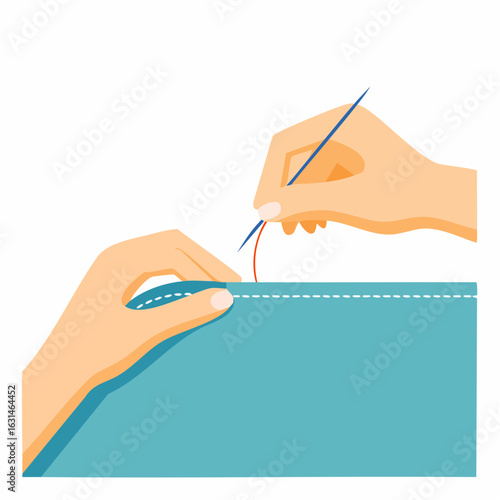 Hand stitching a seam on turquoise fabric with needle and thread