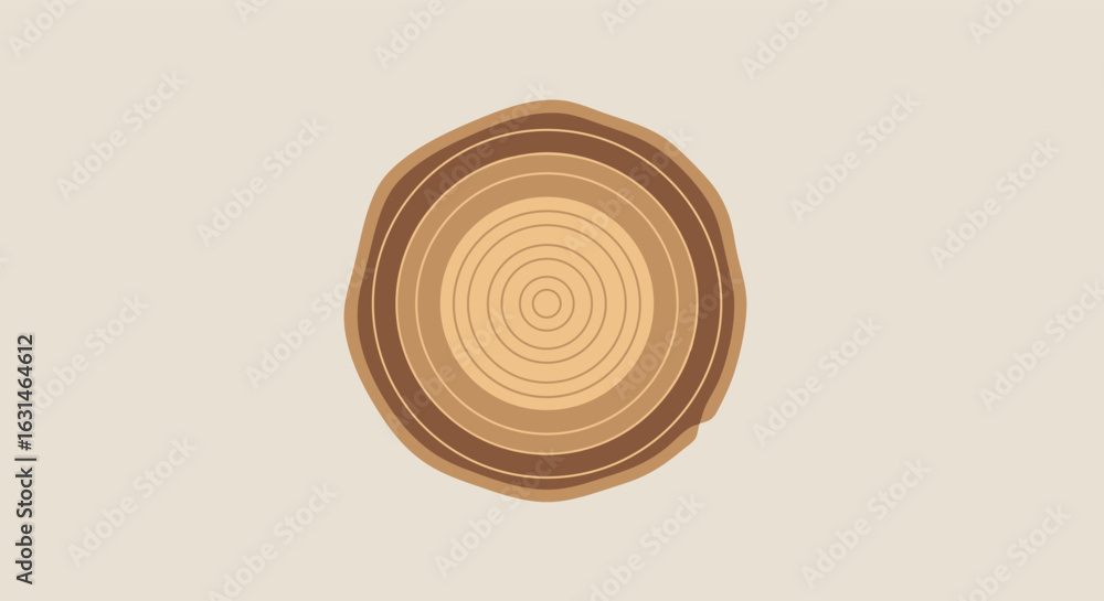 Stylized illustration of a tree trunk cross-section showing concentric growth rings in shades of brown on a light background.