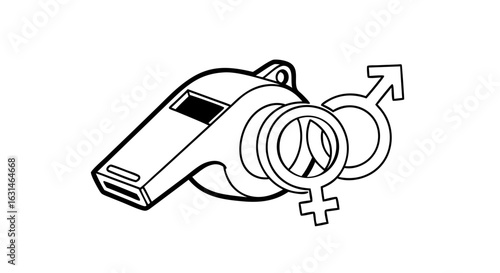 Whistle Symbol of Equality: A stark graphic of a whistle, symbolizing the call for awareness and justice,  with both the male and female symbols,  drawing attention to the theme of equality.
