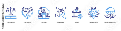 Government Reform web banner icon vector illustration for topics on budget deficits, constitutional law, corruption, government executives, proportional systems, political reform, and globalization.