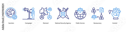 International Affairs web banner icon vector illustration for humanitarian aid, international sanctions, campaigns, electoral policies, national security, and public services across the globe.
